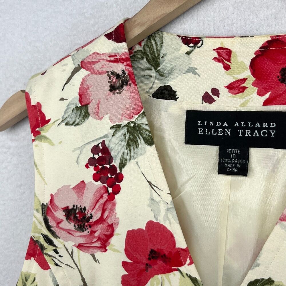 ELLEN TRACY Vest 10P Petite LINDA ALLARD Floral Button Up Waistcoat Red Vintage - Picture 7 of 12